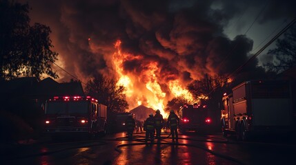 Nighttime suburban scene with a house on fire, smoke billowing into the sky, firefighters and trucks arriving, dramatic contrast of fire against dark sky