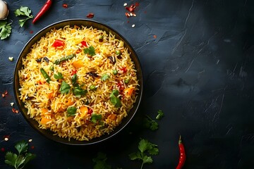Top view of a Vegetable Biryani dish on a black table with ample copy space image