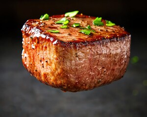 Delicious grilled beef steak garnished with fresh herbs, showcasing a mouthwatering texture and rich flavor.