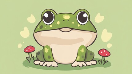 Naklejka premium An adorable toad illustrated in kawaii style, featuring a cute and charming design with exaggerated features. The toad’s large, expressive eyes, rosy cheeks, and friendly smile enhance its endearing 