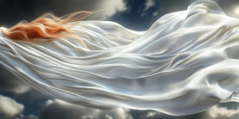 White fabric billows in the wind against a cloudy sky.
