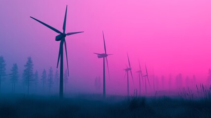 Futuristic wind turbines spin gracefully in a neon-lit landscape, vibrant cityscapes glowing in the distance, blending nature and technology in harmony