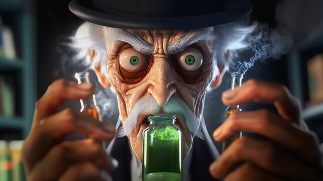 Mad scientist with hat drinking green potion in laboratory, closeup. Dr Jeckyll Mr Hyde concept