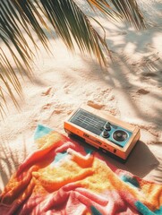 Sandy beach with a boom box, colorful towels, palm shadows, wideangle view, golden hour lighting, retro summer vibe