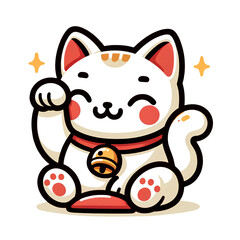 招き猫、白背景、線画、イラスト｜Vector illustration of a maneki-neko in line art style isolated on white background.