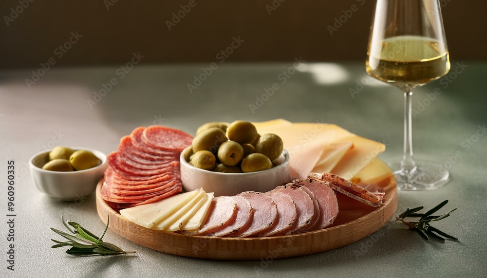 Wall mural an elegantly arranged platter of sliced salami, smoked gouda, and green olives, accompanied