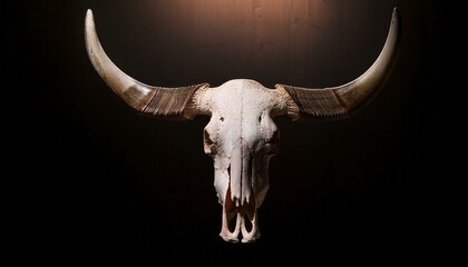 Bull skull with large, curved horns, suspended in mid-air, in front of a deep, shadowy backd 