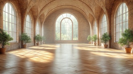 Obraz premium A large, empty room with arched windows, wooden floors and potted plants. The sun is shining through the windows, creating a warm glow.