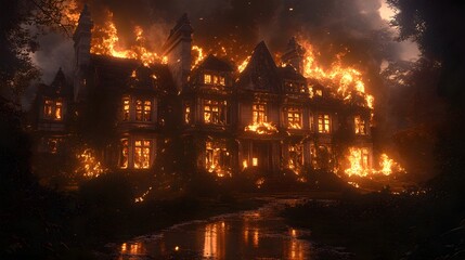 Naklejka premium A majestic old mansion devoured by flames, ash clouds billowing against the night sky, warm glow from the fire contrasts with cool dark surroundings, hyper-realistic, wide shot