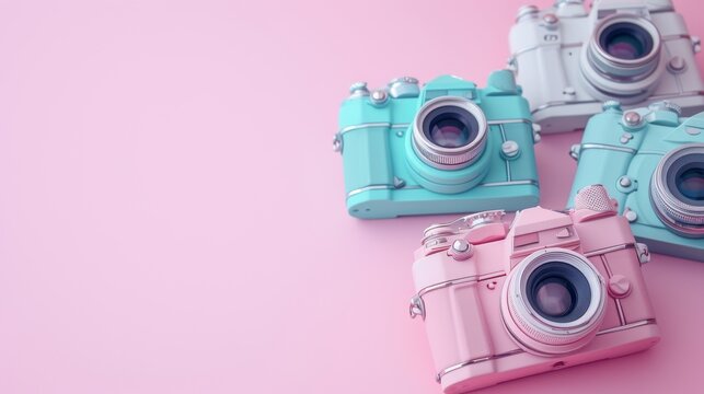 A charming collection of pastel-colored vintage cameras is arranged on a soft pink backdrop. The retro aesthetic and gentle colors create a nostalgic and visually appealing image, perfect for design