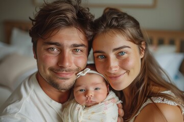 New Addition to the Happy Family: Young Man and Woman Hold Their Adorable Newborn Baby in Joyful Portrait