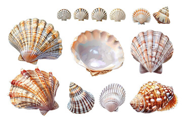 Obraz premium Collection of various seashells, showcasing diverse shapes, colors, and textures on a white background.