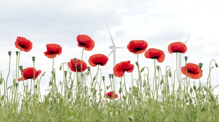 Naklejka premium A field of brilliant red poppies sways beneath towering wind turbines, their white blades slicing through the calm sky with rhythmic elegance