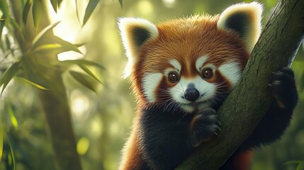 Obraz premium Red panda bear playfully swinging on branches in a lush tree