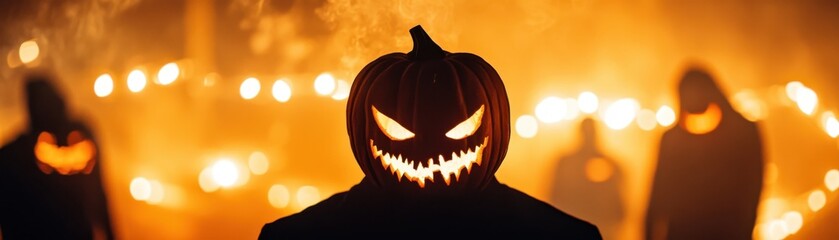 Fototapeta premium Spooky Halloween scene featuring a Jack-o'-lantern with eerie glow and shadows, perfect for autumn festivities and festivals.