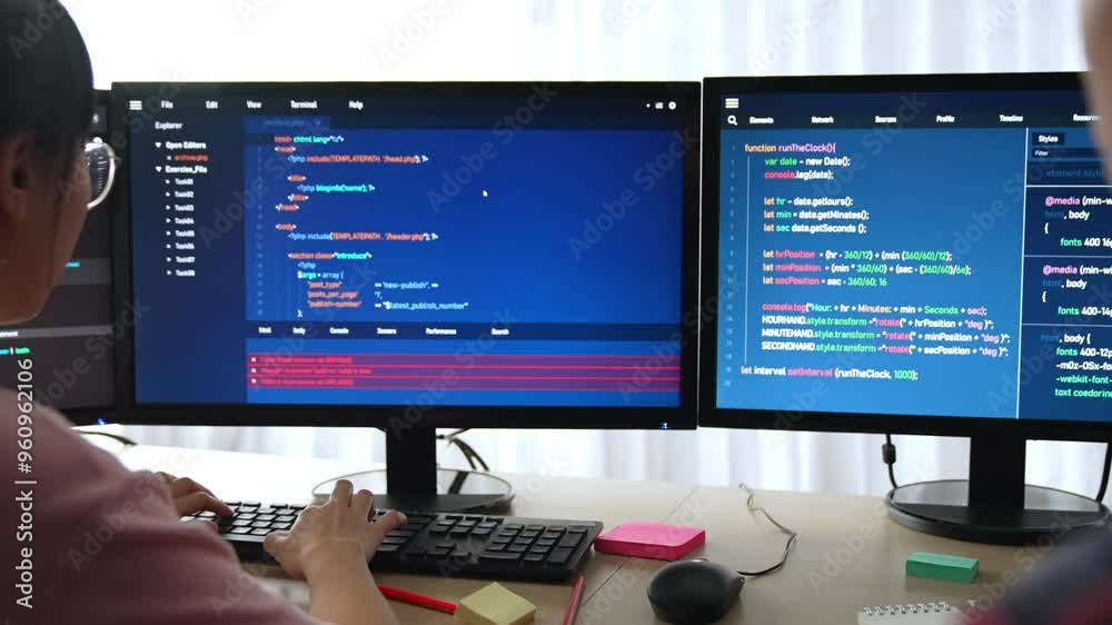 Wall mural slow motion back end software developer engineer for computer programming working together on debugg