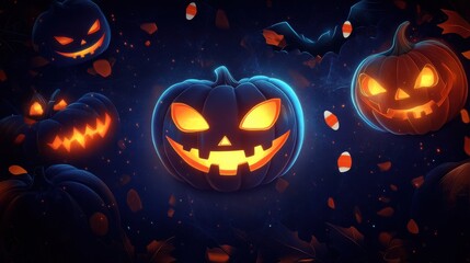 Spooky Halloween scene featuring glowing jack-o'-lanterns and bats in a dark, starry background.