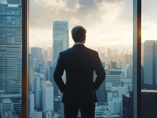 Fototapeta premium Crisp Business Professional in High-Rise Office overlooking Cityscape