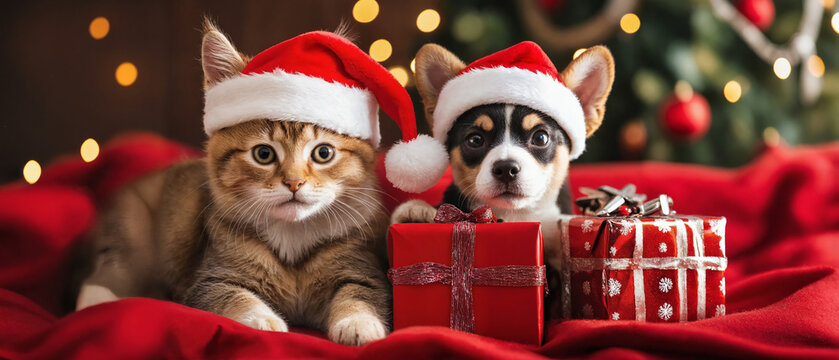 A kitte and puppy wearing Santa claus hats sitting near to gift boxes. Christmas banner concept for veterinary and petshops. 