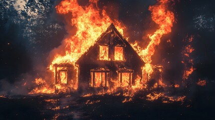 House fire captured at night, flames tearing through the roof and windows, powerful image of destruction and urgency, essential for insurance evidence