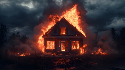 House on fire during the night, flames reaching high into the sky, thick smoke clouding the scene, intense and destructive, designed for insurance claim visuals