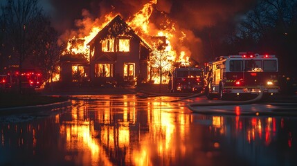 House on fire in a quiet neighborhood, night scene with intense flames and swirling smoke, fire engines in the background, potential insurance loss scenario