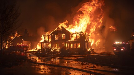 House on fire in a quiet neighborhood, night scene with intense flames and swirling smoke, fire engines in the background, potential insurance loss scenario
