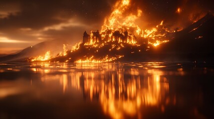 Naklejka premium Inferno consuming a luxurious mansion perched on a hill, fire reflected on nearby water, dramatic embers flying, the structure collapsing into a glowing pile of ash, dark and intense