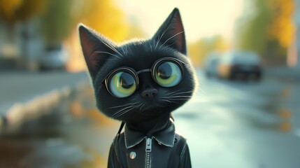 A fashionable black cat dons round glasses and a sleek leather jacket, exuding coolness and style. The urban background complements the cat's chic appearance, making it stand out as a unique and