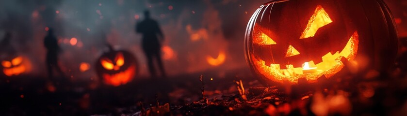 Fototapeta premium Spooky Halloween scene with glowing jack-o'-lanterns and shadowy figures, perfect for festive celebrations.