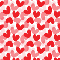 Seamless pattern of simple red hearts isolated on white for wrapping paper or fabric. Hand drawn style.