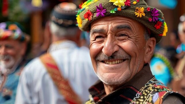 Old man with a big smile wearing traditional turkish clothing with a colorful floral hat poses for a portrait at a festival