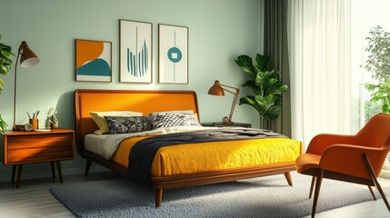 Fototapeta premium Retro and vintage bedroom with vibrant color accents and mid-century furnishings. The ambiance in the room is upbeat and welcoming.