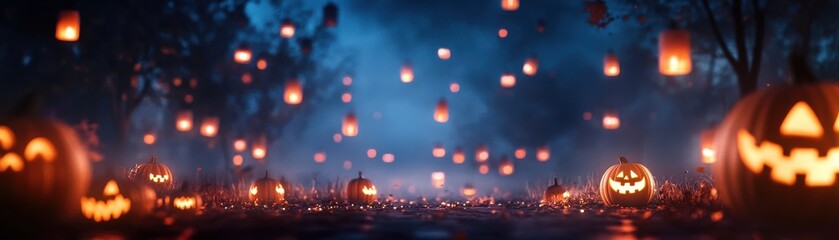 Fototapeta premium Spooky Halloween scene with glowing pumpkins, floating lanterns, and a mysterious blue mist in a dark forest.