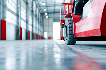 A red forklift is parked in a warehouse