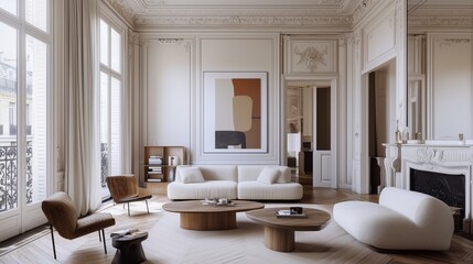 Parisian-style living room with elegant molding, giving it a bright and inviting atmosphere.