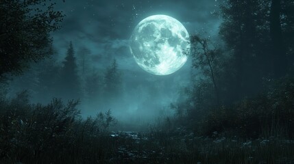 A glowing full moon above a dark forest, mystical and atmospheric, subtle lighting