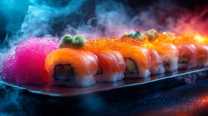 Detailed rendering of a sushi sashimi platter with glowing neon wasabi and ginger, set on a dark surface with vibrant smoke.