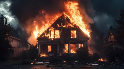 Dramatic night fire, house ablaze, flames licking through windows and roof, smoke billowing into the night sky, insurance documentation focus