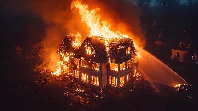 Drone perspective of a blazing house engulfed in flames at night, firefighters working together with hoses and ladders to control the inferno, dramatic scene
