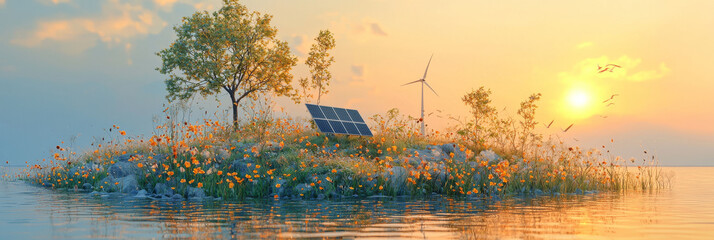 A small island with a solar panel and a wind turbine, surrounded by flowers and trees at sunset.