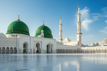 Obraz premium The Green dome of The Prophet's Mosque or Al Masjid Al Nabawi, a major site of pilgrimage that falls under the purview of the Custodian of the Two Holy Mosques , copy space , ai