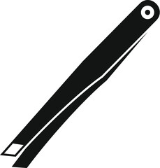 Simple icon of black metal tweezers for eyebrow correction lying diagonally on white background