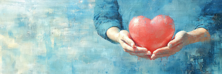 A person's hands hold out a bright red heart against a light blue background.