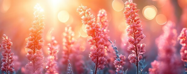 Fototapeta premium Pink wildflowers in a field at sunset, with a soft focus background.