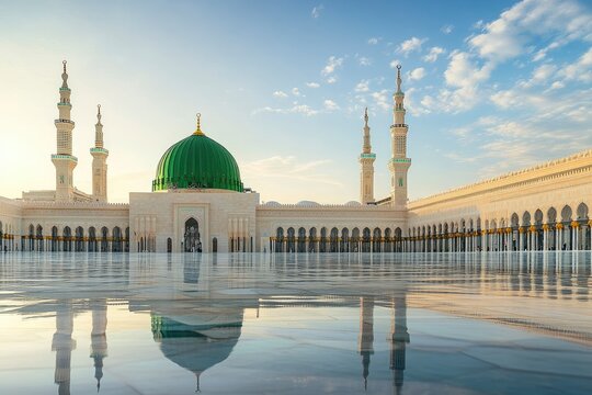 The Green dome of The Prophet's Mosque or Al Masjid Al Nabawi, a major site of pilgrimage that falls under the purview of the Custodian of the Two Holy Mosques , copy space , ai