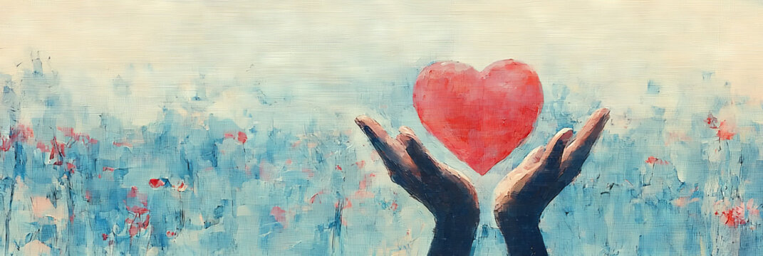 A pair of hands gently cradles a large red heart.
