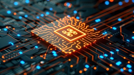 Discover a sleek circuit button hologram with an AI design on elegant dark wallpaperfusing style and technology