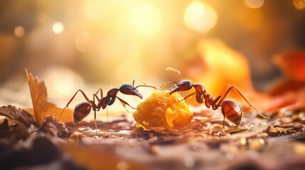 Fototapeta premium Two Ants Share a Meal: A Close Up of Nature's Teamwork and Tiny Feast