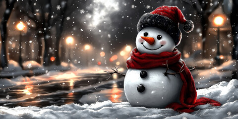 Obraz premium Smiling snowman in a red hat and scarf on a snowy night.